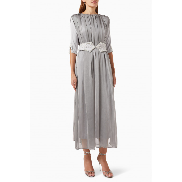 BYK by Beyanki - Crystal-embellished Belted Maxi Dress Silver