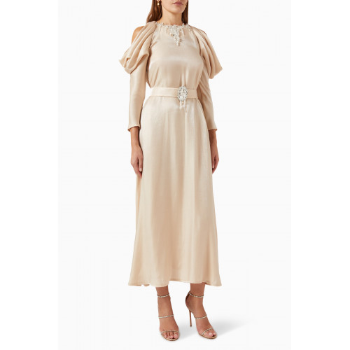BYK by Beyanki - Drop-shoulder Embellished Shimmer Midi Dress in Cotton