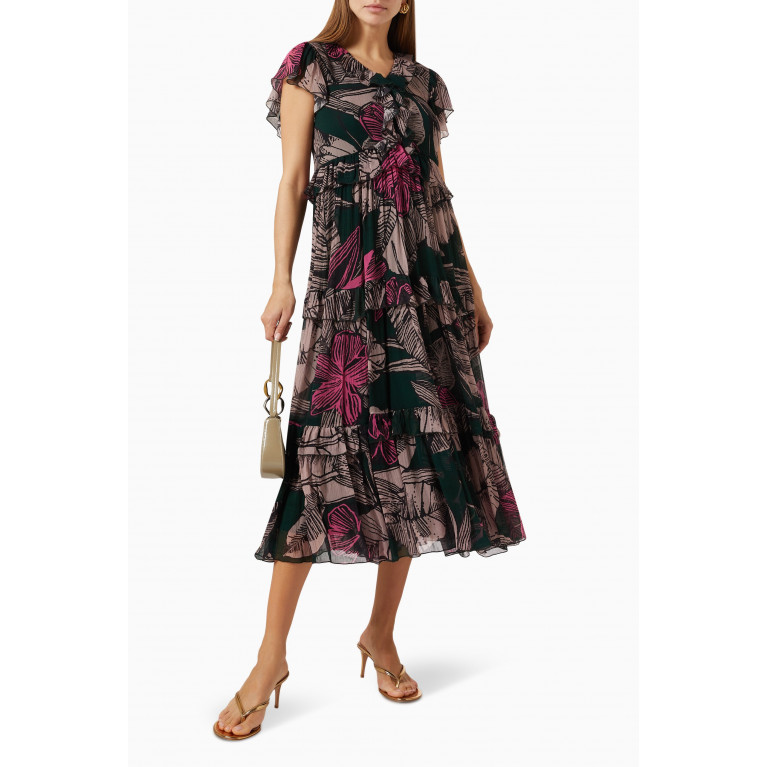 KoAi - Tiered Floral Midi Dress in Chiffon