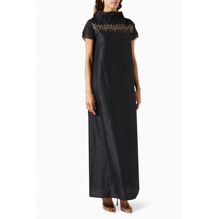 Homa Q - 3-piece Bead-embellished Abaya Set in Tulle & Raw-silk