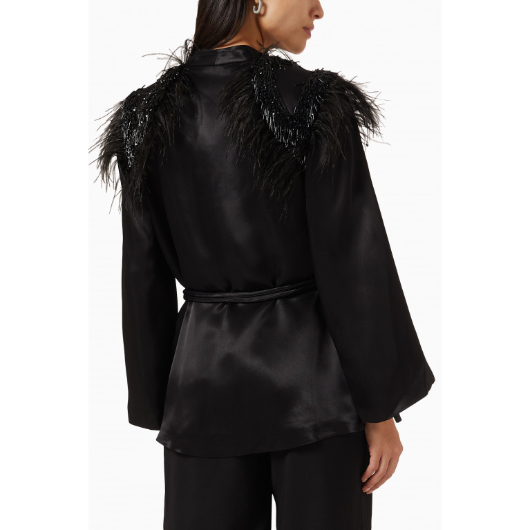 BAQA - Feather-trimmed Belted Jacket in Satin