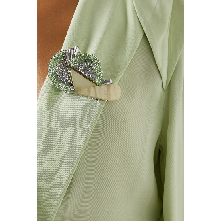 Hukka - Brooch-embellished Belted Jacket in Viscose Green
