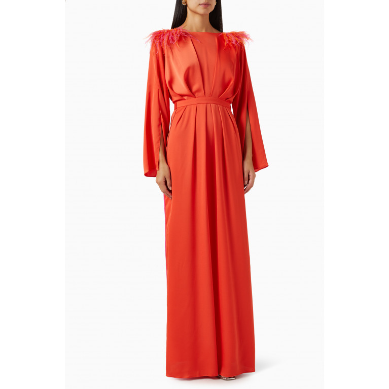 BAQA - Feather-trimmed Pleated-back Maxi Dress in Chiffon