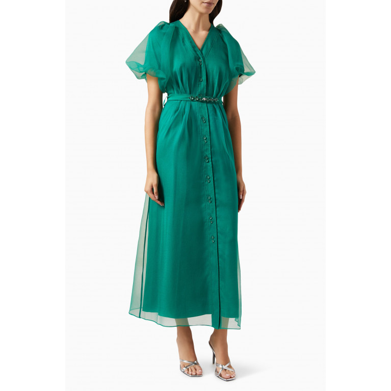 Mimya - Belted Midi Dress in Organza Green