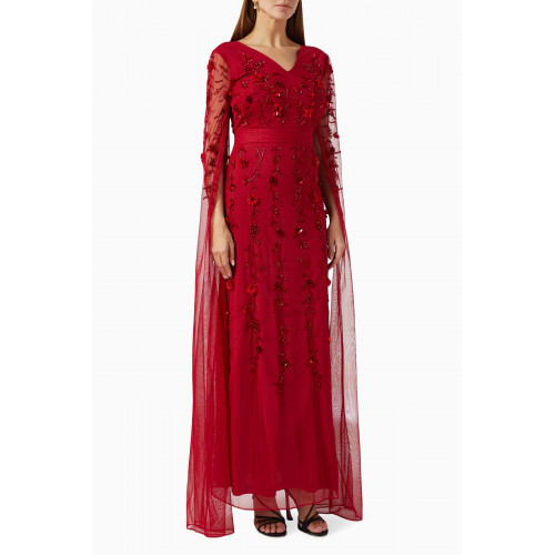 Raishma - Embellished Cape Gown in Sheer Sequin Red
