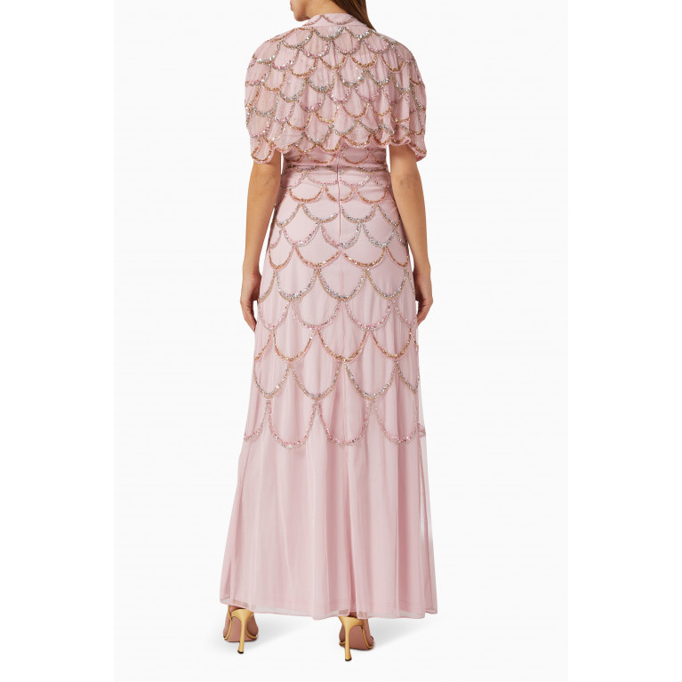 Raishma - Beaded Scallop Gown and Bolero Set in Tulle Pink
