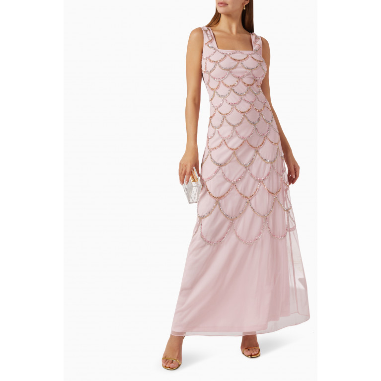 Raishma - Beaded Scallop Gown and Bolero Set in Tulle Pink