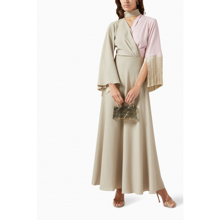 Hue - Two-tone Tassel Dress in Crepe Neutral