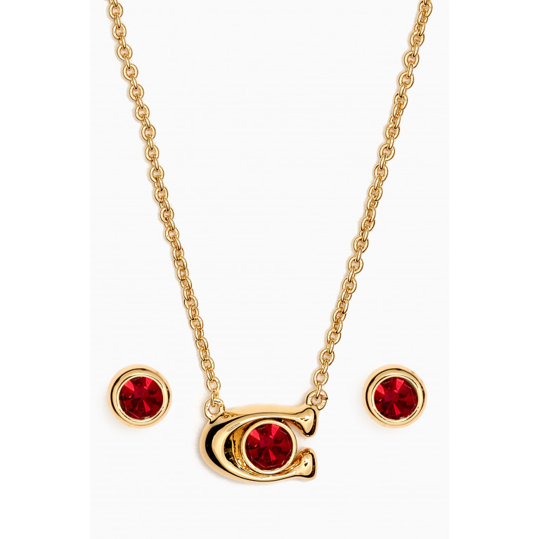 Coach - C Stone Charm Necklace and Earrings Box Set in Metal Red