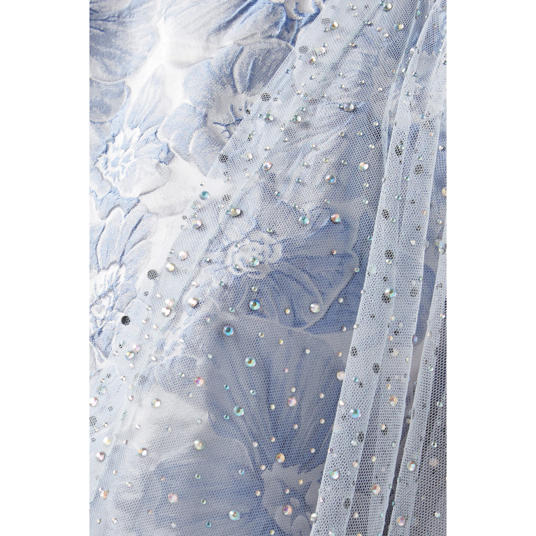 LAMMOUSH - Embellished Floral-print Abaya Set in Tulle & Jacquard Blue