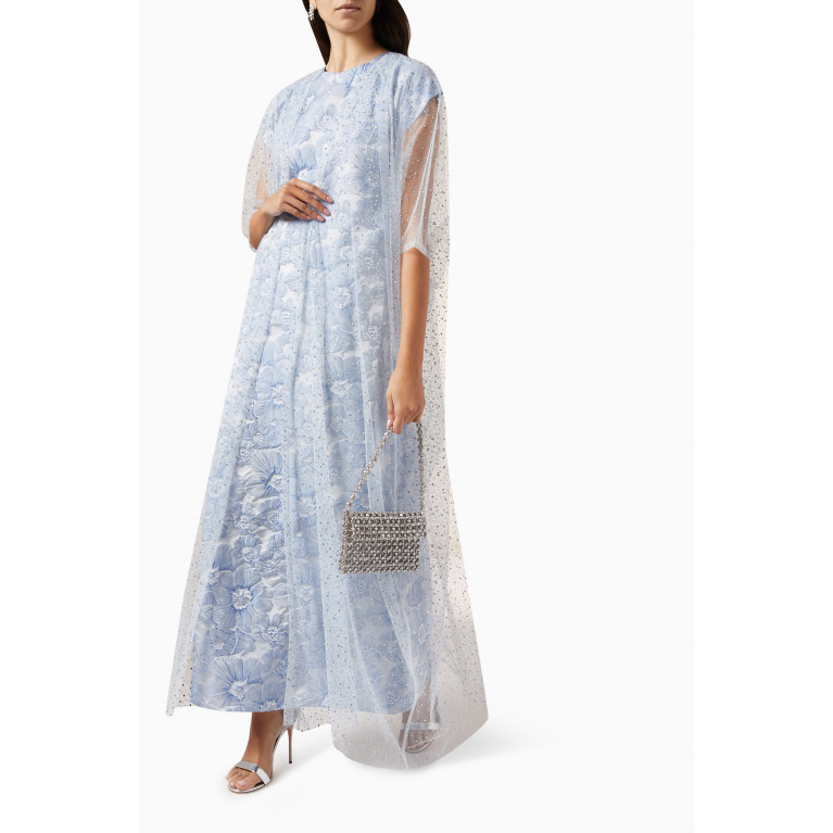 LAMMOUSH - Embellished Floral-print Abaya Set in Tulle & Jacquard Blue