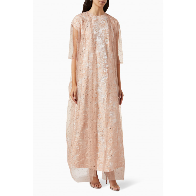 LAMMOUSH - Embellished Floral-print Abaya Set in Tulle & Jacquard Pink