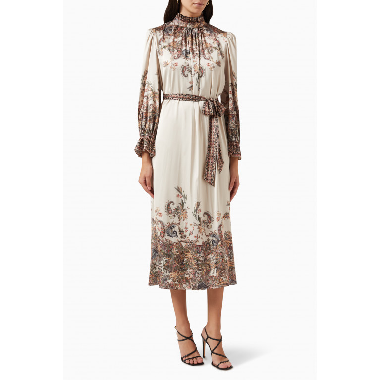 Serpil - Paisley-print Belted Midi Dress in Satin