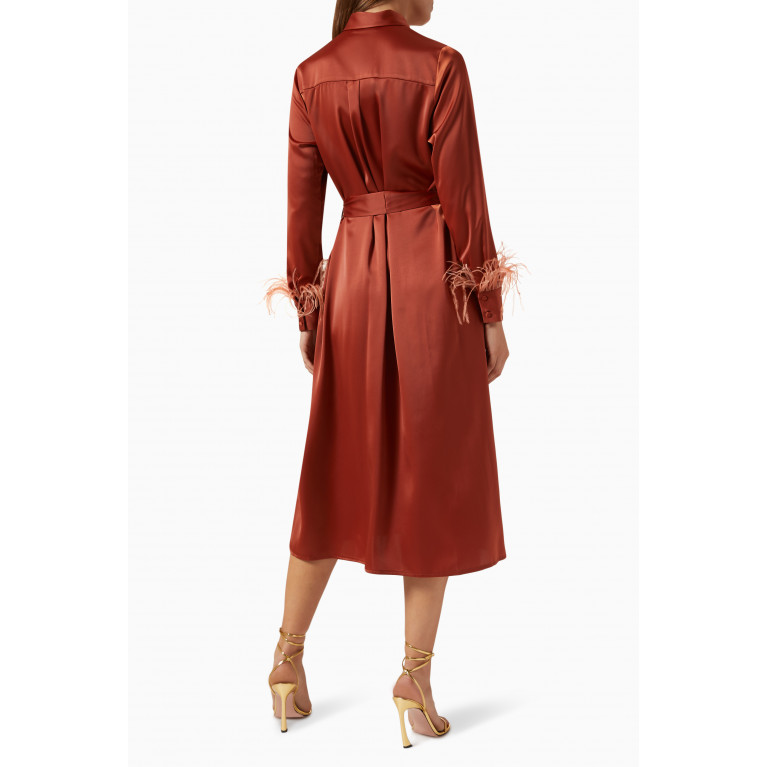 Serpil - Feather-trimmed Belted Midi Dress in Satin Brown