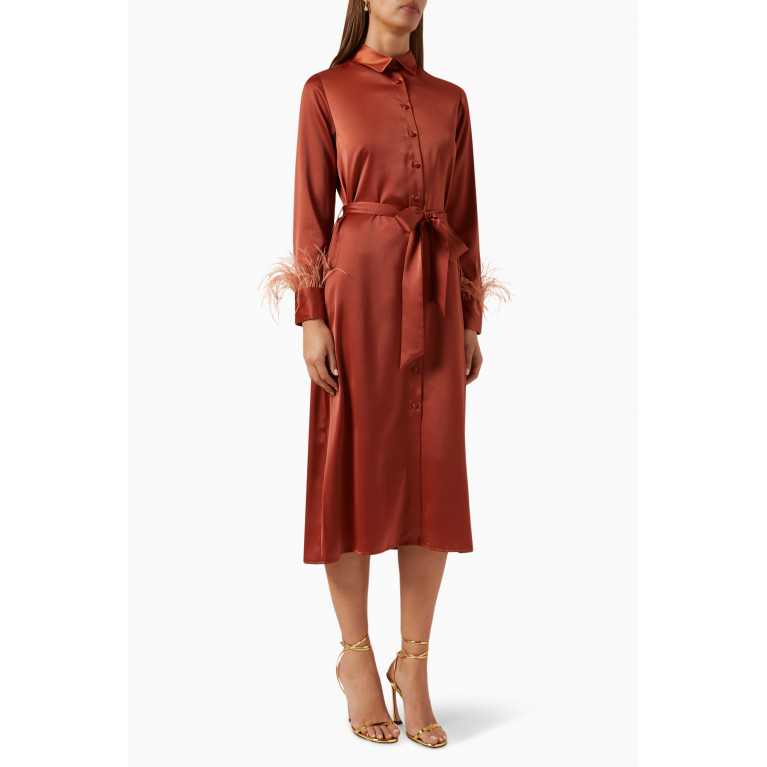 Serpil - Feather-trimmed Belted Midi Dress in Satin Brown