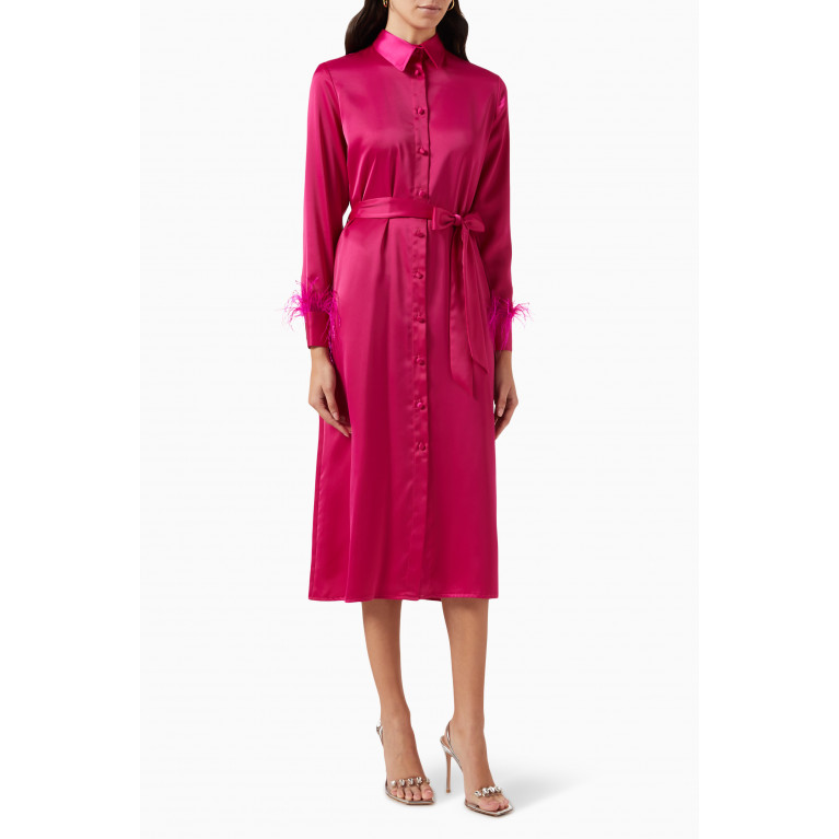 Serpil - Feather-trimmed Belted Midi Dress in Satin Pink