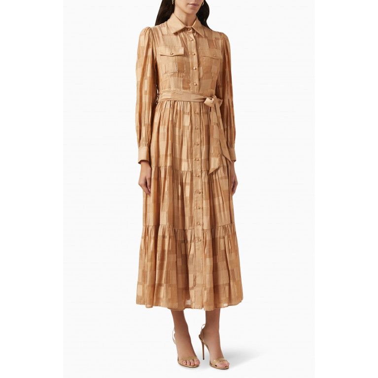 Serpil - Belted Midi Dress in Jacquard Brown