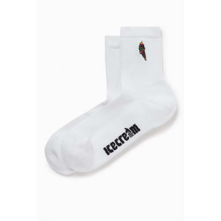 Ice Cream - Cone Man Ribbed Sport Socks in Cotton Blend White