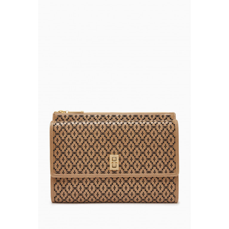 Elisabetta Franchi - Large Embroidered Pouch Bag in Faux Leather Brown