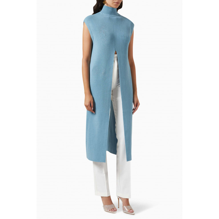 Elisabetta Franchi - Longline Slit Top in Viscose-blend Knit Blue