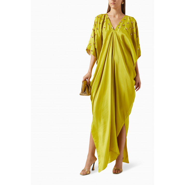 Twinkle Hanspal - Peony Draped Maxi Dress in Silk Green