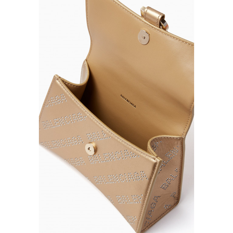Balenciaga - Hourglass XS Handbag with Rhinestone Allover Logo in Metallized Smooth Calfskin