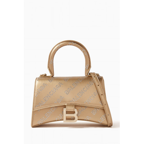 Balenciaga - Hourglass XS Handbag with Rhinestone Allover Logo in Metallized Smooth Calfskin