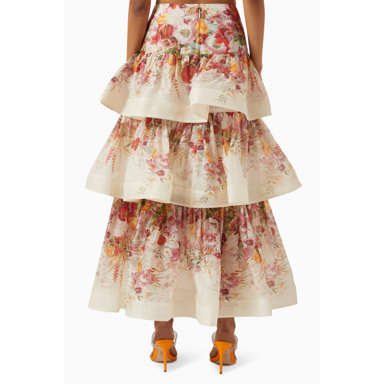 Zimmermann - Wonderland Poppy-print Tiered Midi Skirt in Silk-linen Organza