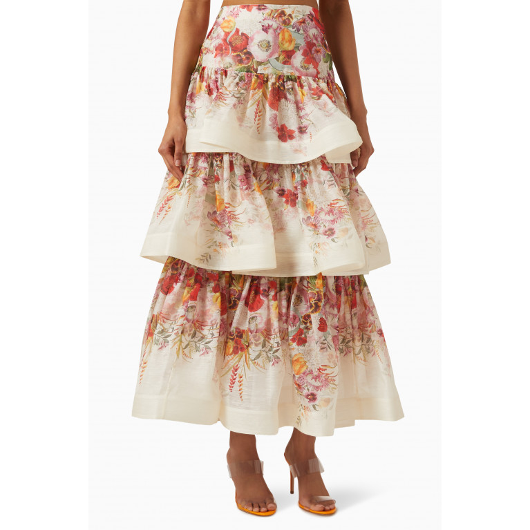 Zimmermann - Wonderland Poppy-print Tiered Midi Skirt in Silk-linen Organza