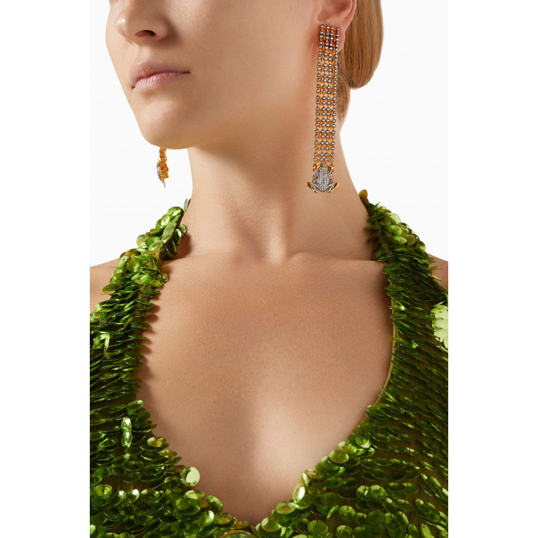 Begum Khan - Frog & Scarab Crystal Drop Clip Earrings in 24kt Gold-plated Bronze