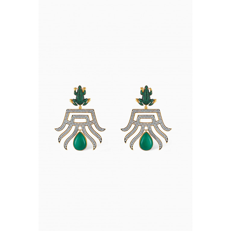 Begum Khan - Frog Shanghai Crystal & Jade Drop Earrings in 24kt Gold-plated Bronze