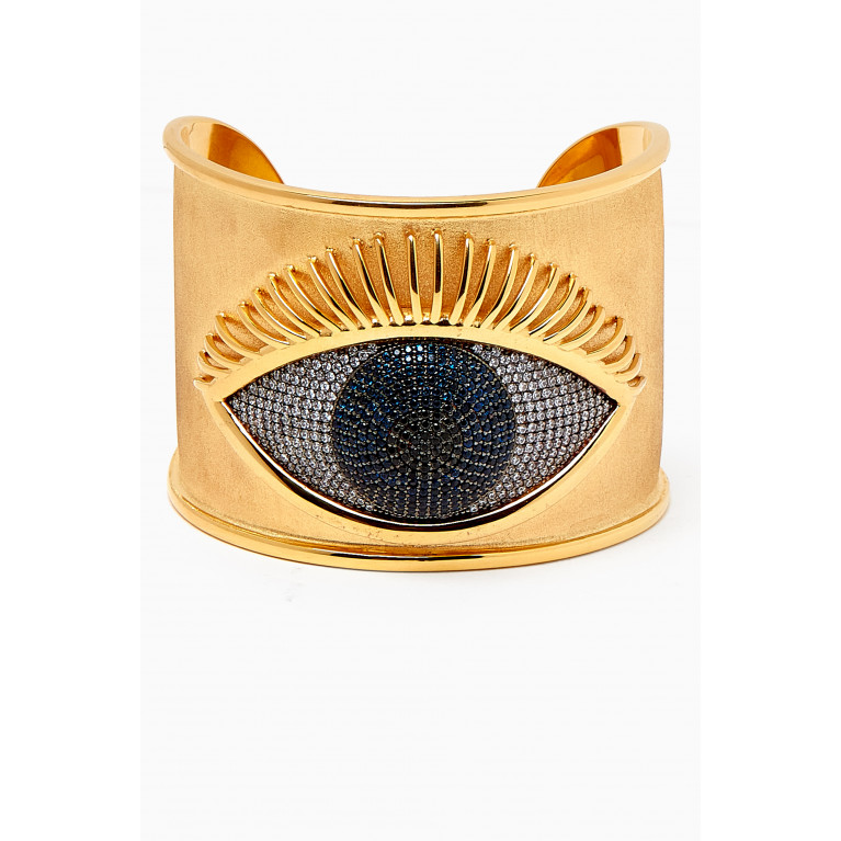 Begum Khan - Evil Eye Crystal Cuff in 24kt Gold-plated Bronze Blue