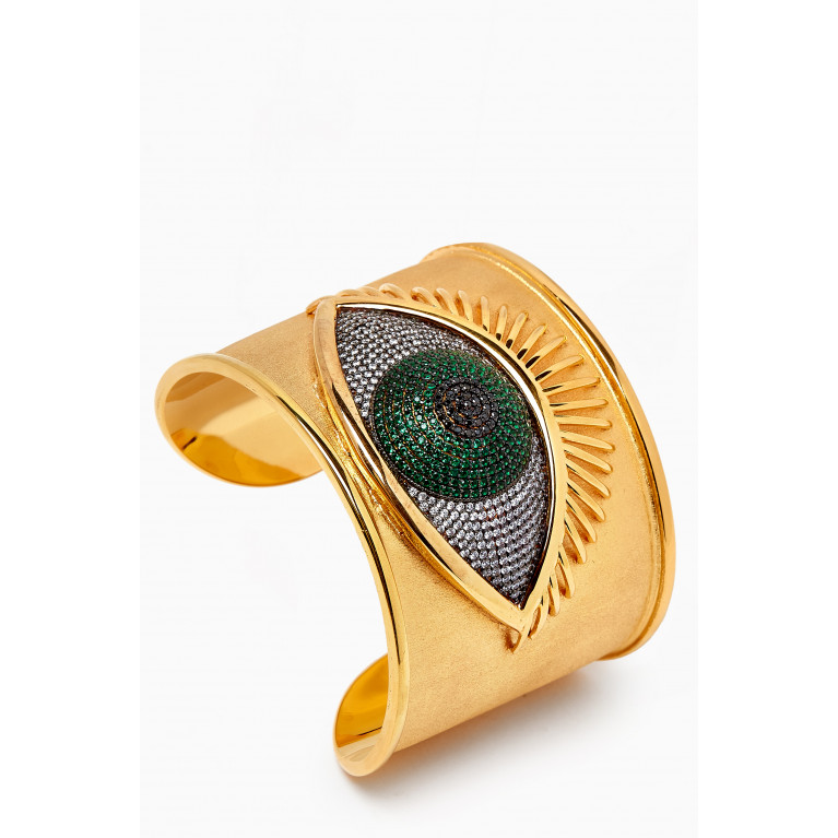Begum Khan - Evil Eye Crystal Cuff in 24kt Gold-plated Bronze Green