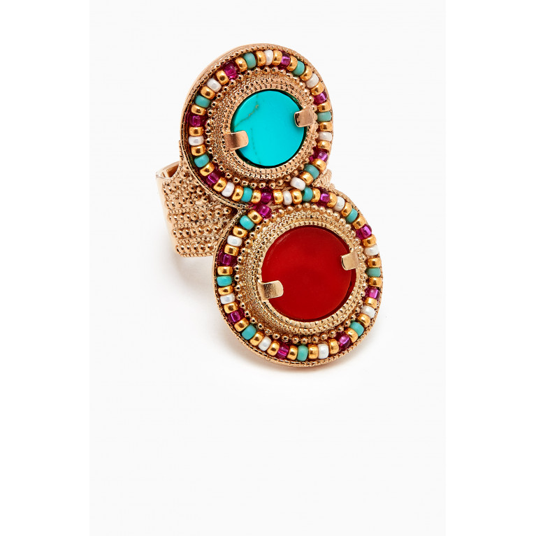 Satellite - Double Beaded Adjustable Ring in 14kt Gold-plated Metal