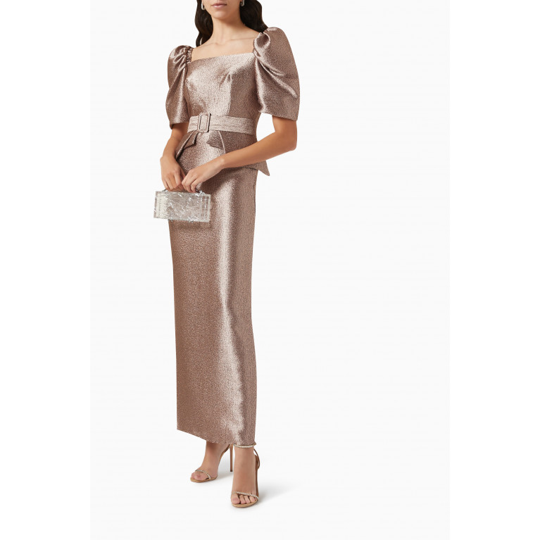 Amri - Belted Puff-sleeves Midi Dress Brown