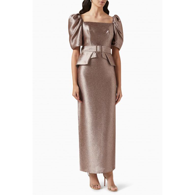 Amri - Belted Puff-sleeves Midi Dress Brown