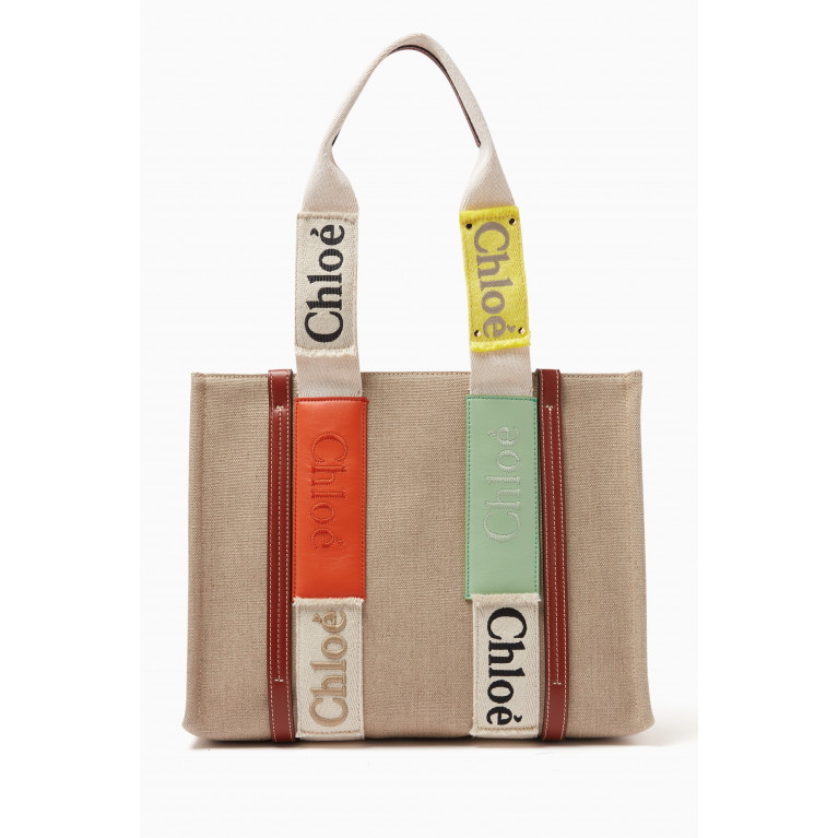 Chloé - Medium Woody Tote Bag in Linen Canvas Multicolour