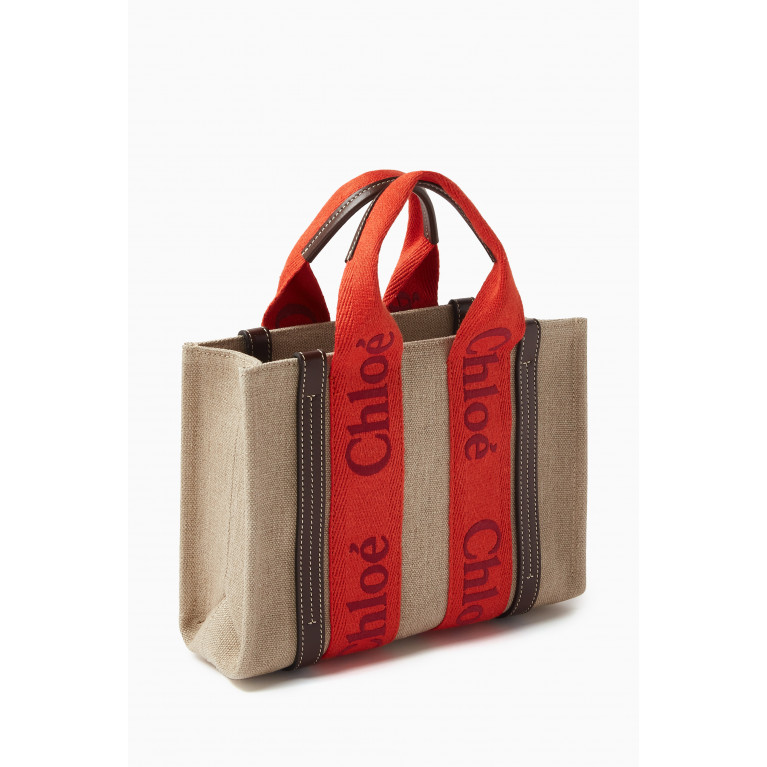 Chloé - Small Woody Embroidered Tote Bag in Linen Orange