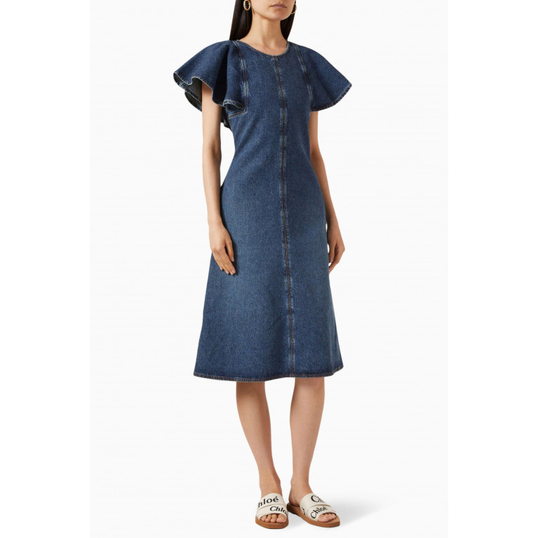 Chloé - Wing-sleeve Midi Dress in Recycled Denim