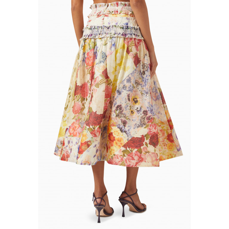 Zimmermann - Wonderland Smocked Midi Skirt in Silk-linen Organza