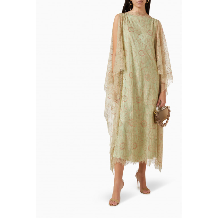 Amal Al Raisi - Slit Kaftan Midi Dress in Ecovero Viscose & Lace Green