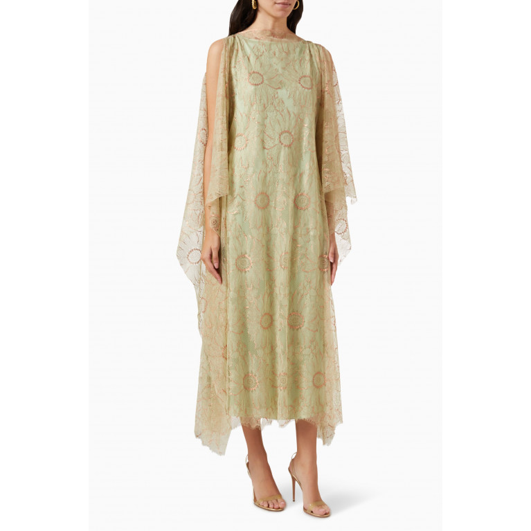 Amal Al Raisi - Slit Kaftan Midi Dress in Ecovero Viscose & Lace Green