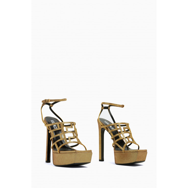 Versace - La Greca Maze 140 Embellished Platform Sandals in Leather