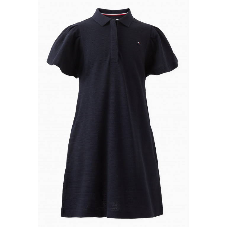 Tommy Hilfiger - Logo-embroidered Puff-sleeve Polo Dress in Cotton Blue