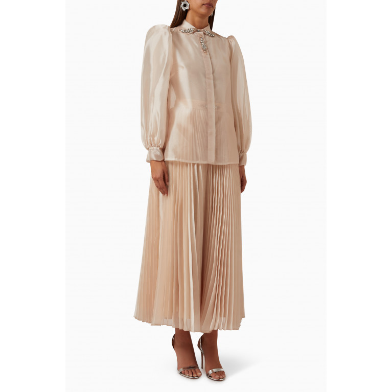 Senna - Leaves Pleated Top and Pants Set Neutral