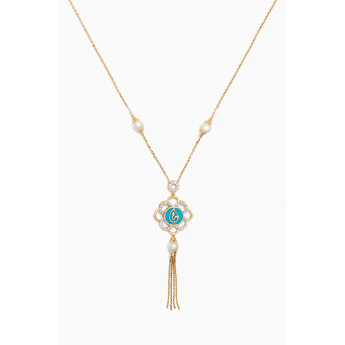 Damas - Ummi Dangle Necklace with Diamonds, Pearls & Turquoise in 18kt Yellow Gold