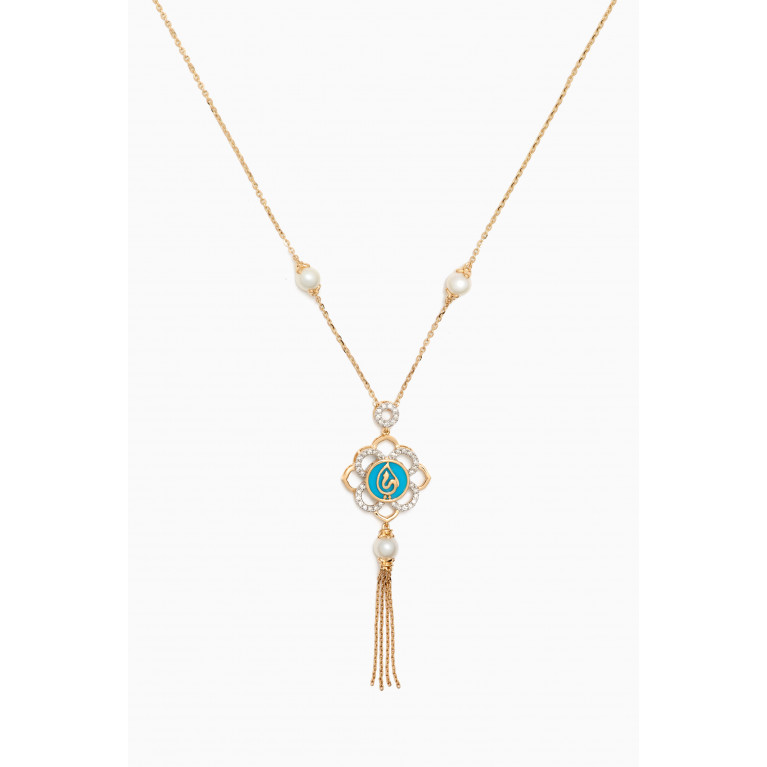 Damas - Ummi Dangle Necklace with Diamonds, Pearls & Turquoise in 18kt Yellow Gold