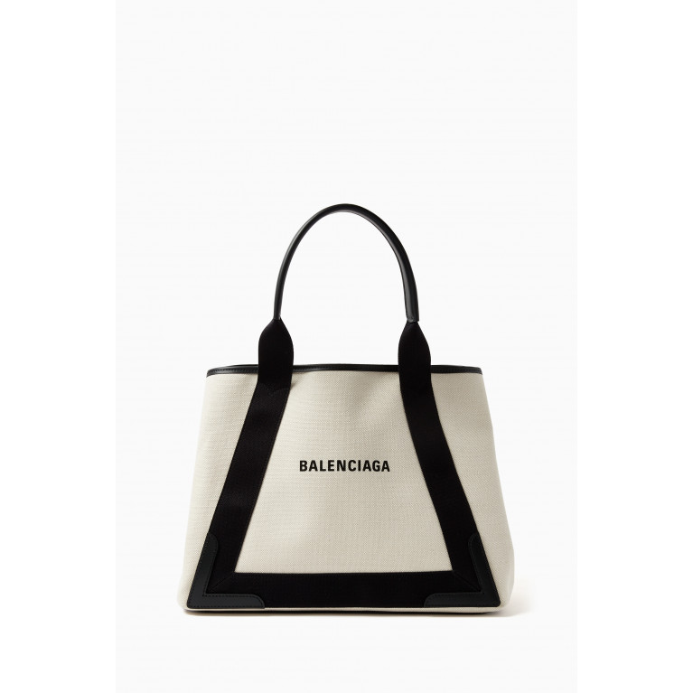 Balenciaga - Navy Medium Cabas Bag in Cotton Canvas & Calfskin
