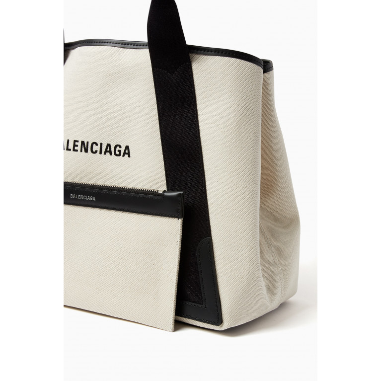 Balenciaga - Navy Medium Cabas Bag in Cotton Canvas & Calfskin