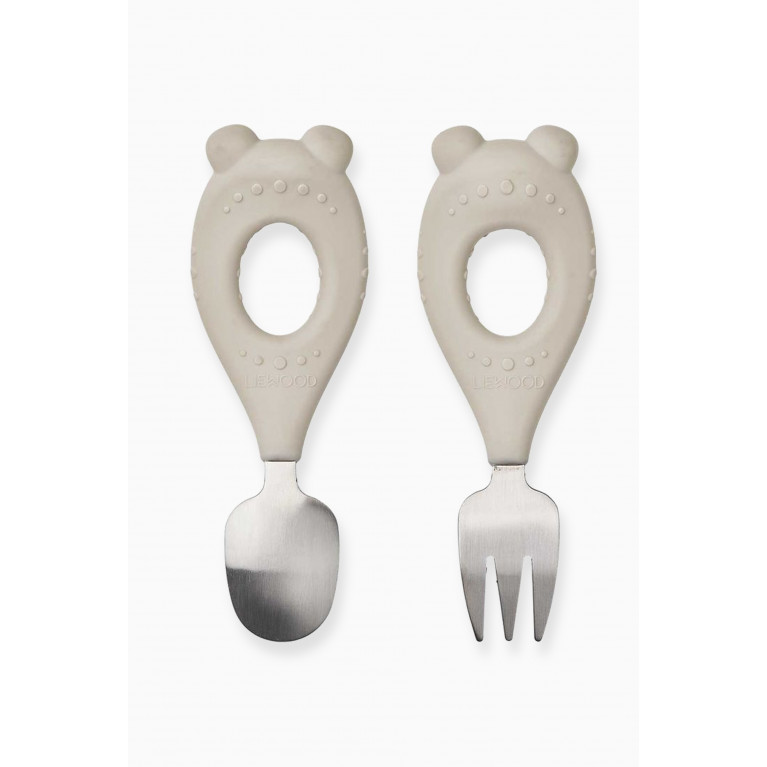 Liewood - Stanley Bear-motif Baby Cutlery Set in Silicone & Stainless Steel Multicolour